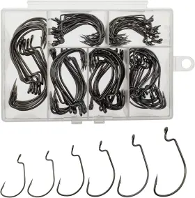 Afmivs 445034895896 110pcs Worm Hooks For Bass Fishing 6 Sizes #1 To 5/0 Black High Carbon Steel W