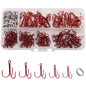 Agool 792990052427 Fishing Treble Hooks Kit 180pcs Red Sharp Round Bend High Carbo
