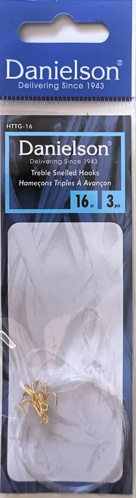 Danielson Httg-16 9 Packs Of Snelled Gold Treble Fish Hooks Size 16 - 3 Per Pack