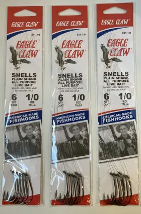 Eagle Claw 031-1/0 18 Fishing Hooks Snells Plain Shank All Purpose Live Bait Sz 1/0