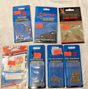 Eagle Claw 039364386536 7 Pkgs 89pc Brass Snap Barrel Interlock Bb Swivels Leaders 5a Eagle Claw 039364386536 7 Pkgs 89pc Brass Snap Barrel Interlock Bb Swivels Leaders 5a