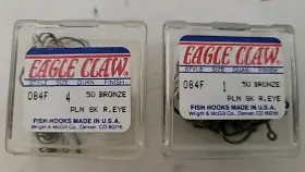 Eagle Claw 047708053785 Lot Of 2 Plain Shank R. Eye 50 Ct Bronze Hook Size 1 And 4 Brand New Eagle Claw 047708053785 Lot Of 2 Plain Shank R. Eye 50 Ct Bronze Hook Size 1 And 4 Brand New