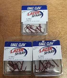 Eagle Claw 047708623346 Lot Of 3. Lazer Sharp #l934rdg-2 3x Treble Hook. Red. Size 2 Eagle Claw 047708623346 Lot Of 3. Lazer Sharp #l934rdg-2 3x Treble Hook. Red. Size 2