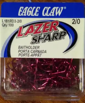 Eagle Claw 047708648882 Lazer Sharp Baitholder Hooks - Red 2/0 Qty 100