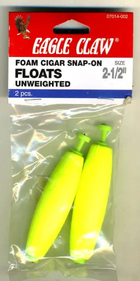 Eagle Claw 07014-002 New 2 Pack Floats/bobbers Foam Cigar Snap On Unweighted Bobber#524