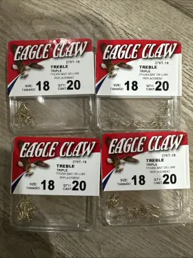 Eagle Claw 376th-18 Treble Hook - Lot Of 4 Packs 80 Hooks Eagle Claw 376th-18 Treble Hook - Lot Of 4 Packs 80 Hooks