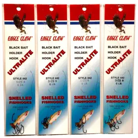Eagle Claw 442-8 4 Packs Ultralite Snelled Size 8 Black Bait Holder Hook 6 Count Pack Eagle Claw 442-8 4 Packs Ultralite Snelled Size 8 Black Bait Holder Hook 6 Count Pack