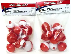 Eagle Claw 70520 2 Bags Snap On 12 Count Float Assortment 1 Inch 1/4 1/2 And 3/4 Eagle Claw 70520 2 Bags Snap On 12 Count Float Assortment 1 Inch 1/4 1/2 And 3/4