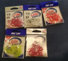 Eagle Claw L2pku-1/0 5 Packs Lazer Sharp Octopus Hook Fluorescent Pink Orange Chart. Glow