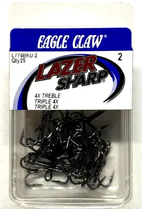 Eagle Claw L774bku-2 Lazer Sharp 4x Treble Hook Size 2 Black Platinum 25-count Package