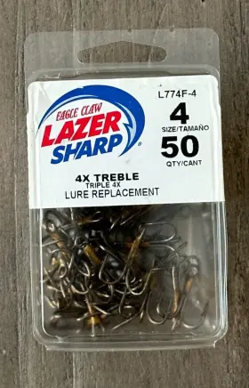 Eagle Claw L774f-4 Lazer Sharp L774f 4x Treble Hook Lure Replacement Size 4 50 Qty