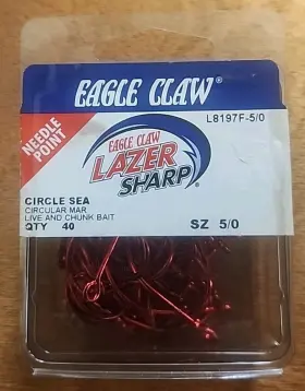 Eagle Claw L8197f-5/0 Circle Sea Bait Hooks. Red. 40 Count Pack Eagle Claw L8197f-5/0 Circle Sea Bait Hooks. Red. 40 Count Pack