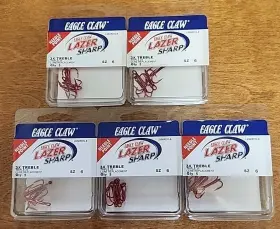 Eagle Claw L934rdg-6 Lot Of 5. 3x Strong Lazer Red Colored Treble Hooks. Size 6. 5ct