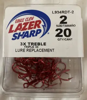Eagle Claw L934rdt-2 3x Strong Lazer Red Colored Treble Hooks Size 2 20ct Eagle Claw L934rdt-2 3x Strong Lazer Red Colored Treble Hooks Size 2 20ct