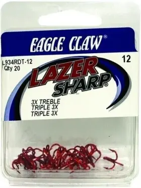 Eagle Claw L934rdth-12 Lazer Sharp Treble Hook #12 3x Strong Wire Red 20/pk