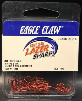 Eagle Claw L934rdth-14 Lazer Sharp Treble Hook #14 3x Strong Wire 3 Oz Red 20/pk