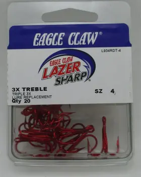 Eagle Claw L934rdth-4 L934rdth4 3x Strong Lazer Red Colored Treble Hooks Size 4 20ct Eagle Claw L934rdth-4 L934rdth4 3x Strong Lazer Red Colored Treble Hooks Size 4 20ct