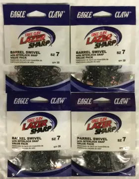 Eagle Claw Slbibkxl-7 4 Packs Lazer Sharp Barrel Swivel With Interlock Snap Size 7 140 Ct Eagle Claw Slbibkxl-7 4 Packs Lazer Sharp Barrel Swivel With Interlock Snap Size 7 140 Ct
