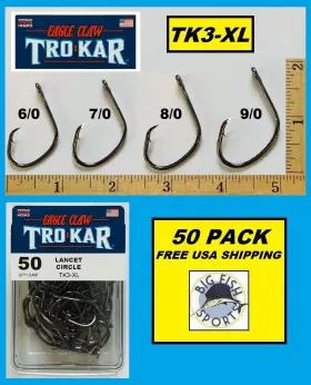 Eagle Claw Tk3-xl-9/0 50 Tk3 Trokar Lancet Circle Offset Size 9/0 Free Usa Ship