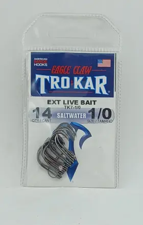 Eagle Claw Tk7-1/0 Trokar Light Wire Live Bait Hook Forged Non-offset 1/0 14ct Eagle Claw Tk7-1/0 Trokar Light Wire Live Bait Hook Forged Non-offset 1/0 14ct