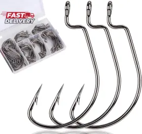 Finoseak 445051899891 120pcs Bass Hooks Set Strong Offset Fishing Freshwater Barbed Sharp