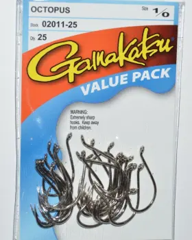 Gamakatsu 02011-25 Octopus Hook Size 1/0 Nickel 25 Per Pack Value Hooks