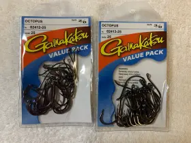 Gamakatsu 02111-25 Lot Of 2 2/0 And 3/0 Value Packs. 25 Per Pack 50 Total Hooks Nip