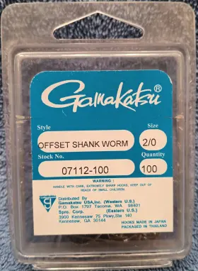 Gamakatsu 07112-100 Offset Shank Worm Fishing Hooks Pack Size 2/0