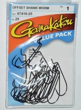 Gamakatsu 07410-25 Offset Shank Worm Hook Size 1 Black Value Pack Soft Plastic Gamakatsu 07410-25 Offset Shank Worm Hook Size 1 Black Value Pack Soft Plastic