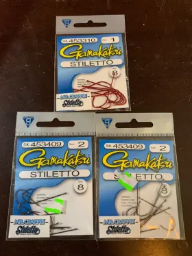Gamakatsu 089726120827 Fish Hooks 8-pack Lot X3pks Size 1 Red And 2 Stiletto
