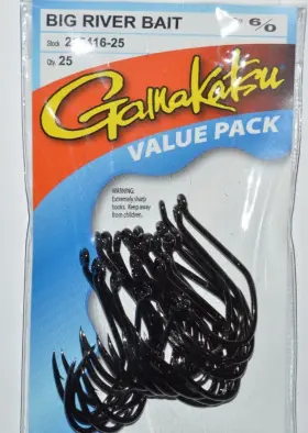 Gamakatsu 225416-25 Big River Bait Hooks 6/0 Black Value Pack 25pcs