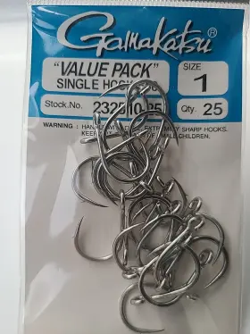 Gamakatsu 232510-25 Fishing Hooks 25cnt Value Pack Size 1 Silver Open Eye Bass