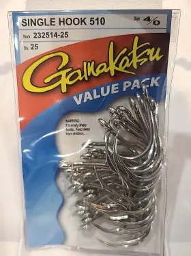 Gamakatsu 232514-25 Single Hook 510 Fishing Hooks Size 4/0 Silver Open Eye 25cnt