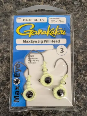 Gamakatsu 439412-gl-12 Maxeye Jig Pill Head - Glow Silver Sparkle Size 2/0 Hook 1/2 Oz Gamakatsu 439412-gl-12 Maxeye Jig Pill Head - Glow Silver Sparkle Size 2/0 Hook 1/2 Oz