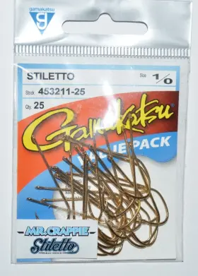 Gamakatsu 453211-25 Stiletto Mr Crappie 1/0 Hooks 25 Per Value Pack Gold