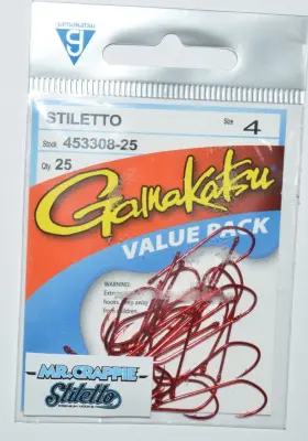 Gamakatsu 453308-25 Stiletto Mr Crappie Size 4 Hooks 25 Per Value Pack Red Gamakatsu 453308-25 Stiletto Mr Crappie Size 4 Hooks 25 Per Value Pack Red