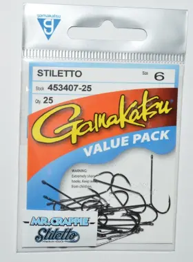 Gamakatsu 453407-25 Stiletto Mr Crappie Size 6 Hooks 25 Per Value Pack Black