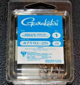 Gamakatsu 47110-25 25 Pack Round Bend Bronze Treble Hooks Size 1 Super Sharp