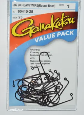 Gamakatsu 60410-25 Jig 90 Heavy Wire Round Bend Size 1 Value Pack Hooks