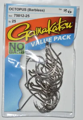 Gamakatsu 75012-25 Octopus Hook Barbless Safe Size 2/0 25 Per Value Pack No Barb Gamakatsu 75012-25 Octopus Hook Barbless Safe Size 2/0 25 Per Value Pack No Barb