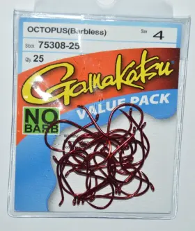 Gamakatsu 75308-25 Octopus Hook Red Barbless Safe Size 4 Value Pack No Barb Gamakatsu 75308-25 Octopus Hook Red Barbless Safe Size 4 Value Pack No Barb