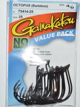 Gamakatsu 75414 Octopus Hook Barbless Safe Size 4/0 25 Per Value Pack 75414-25 No Barb