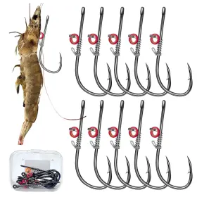Grombolar 640486240097 Live Shrimp Hook Set Carbon Steel Barbed Fishing Hooks Freshwater Saltwater S