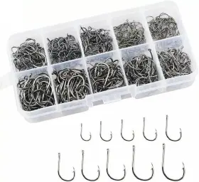 Guanyiyi 730198265935 500pcs Fish Hooks 10 Sizes Fishing Black Silver Sharpened With Box No