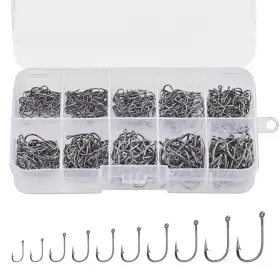 Heeta 840120803491 500pcs Fishing Hooks 10 Sizes Carbon Steel With Portable Plasti