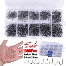 Jahyshow 774049465044 Pack Of 1000 Circle Fishing Hooks Black Carbon Steel Shank Barbed 10 Sizes New