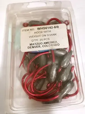 Matzuo Whs6142 8/0 Weighted Red Fishing Hooks Lure Bait 25 Pc .3oz/8grm Snapper Bass