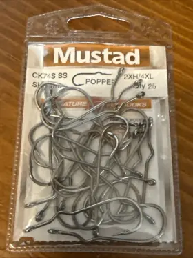 Mustad 023534409705 Signature Fly Hooks Ck74s Ss Popper Stainless Steel 2xh/4xl Sz 1/0 Qty 25