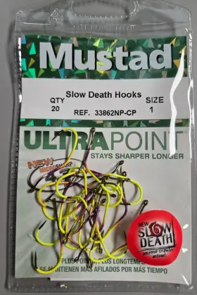 Mustad 33862-cp Slow Death Fish Hooks - 33862np-cp- Size 1 Chartreuse Purple 20