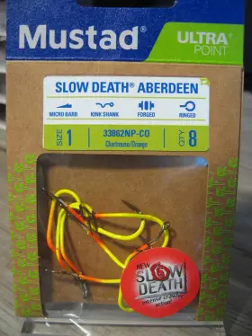 Mustad 33862np-co 8 Slow Death Aberdeen Fish Hooks - Size 1 Chart Orange Mustad 33862np-co 8 Slow Death Aberdeen Fish Hooks - Size 1 Chart Orange